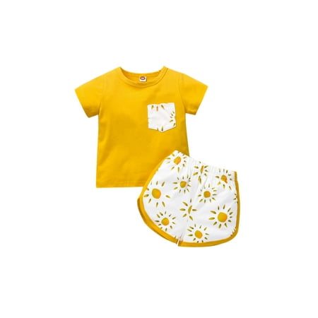 

Toddler Baby Girls Summer Outfits Sun Print Pocket T-Shirt Tops+Shorts Clothes