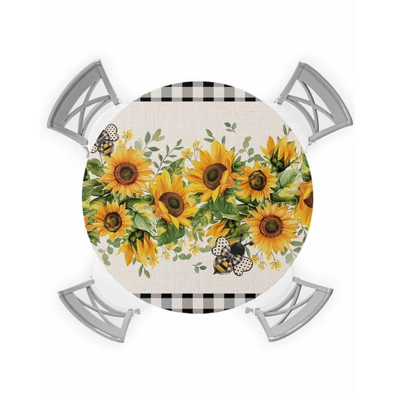 nqOlkjepod Sunflower Black Round Tablecloth, Fitted Table Cover with Elastic for 45"-54" Round Tables, Country Plaid Summer Bee Spring Leaf Table Cloth Outdoor Dinning Party Waterproof Tablecloths