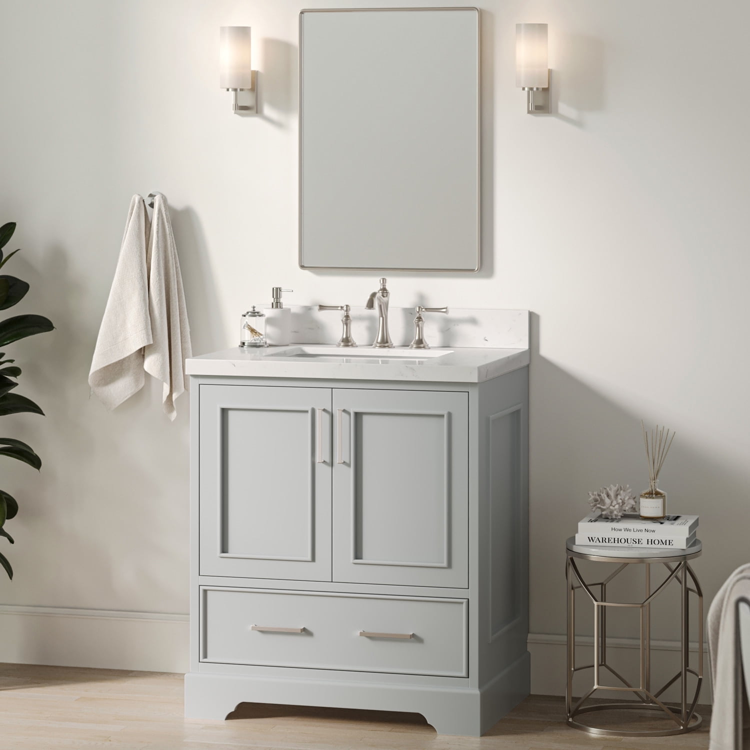 Ariel Stafford 30 In. Single Rectangle Sink Bathroom Vanity Pure Carrara White Quartz Countertop 1.5 Edge In Grey