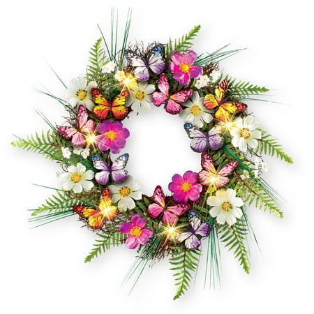 Wreath Front Door Lighted LED Multi-Colored Butterfly Wreath with Greenery - Seasonal Window or Door Accent for Any Room in Home ()
