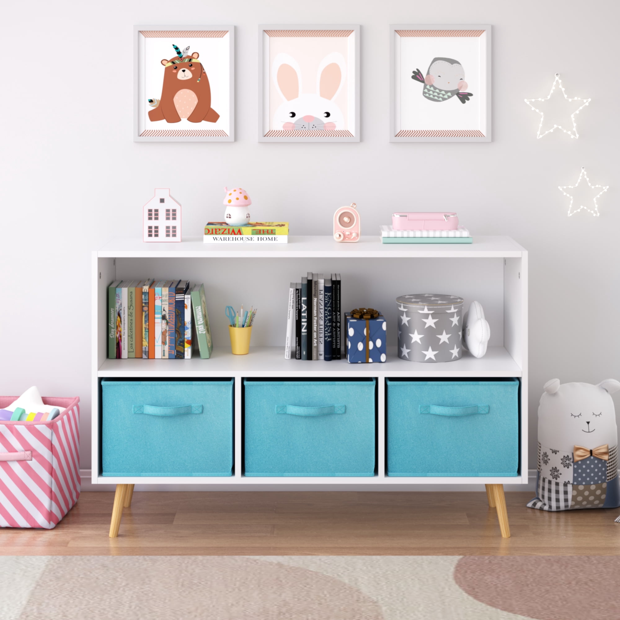 Miniyam Kids Bookcase with Storage Bins, 3 Fabric Drawers, Wooden Toy Organizer for Kids Room, Blue