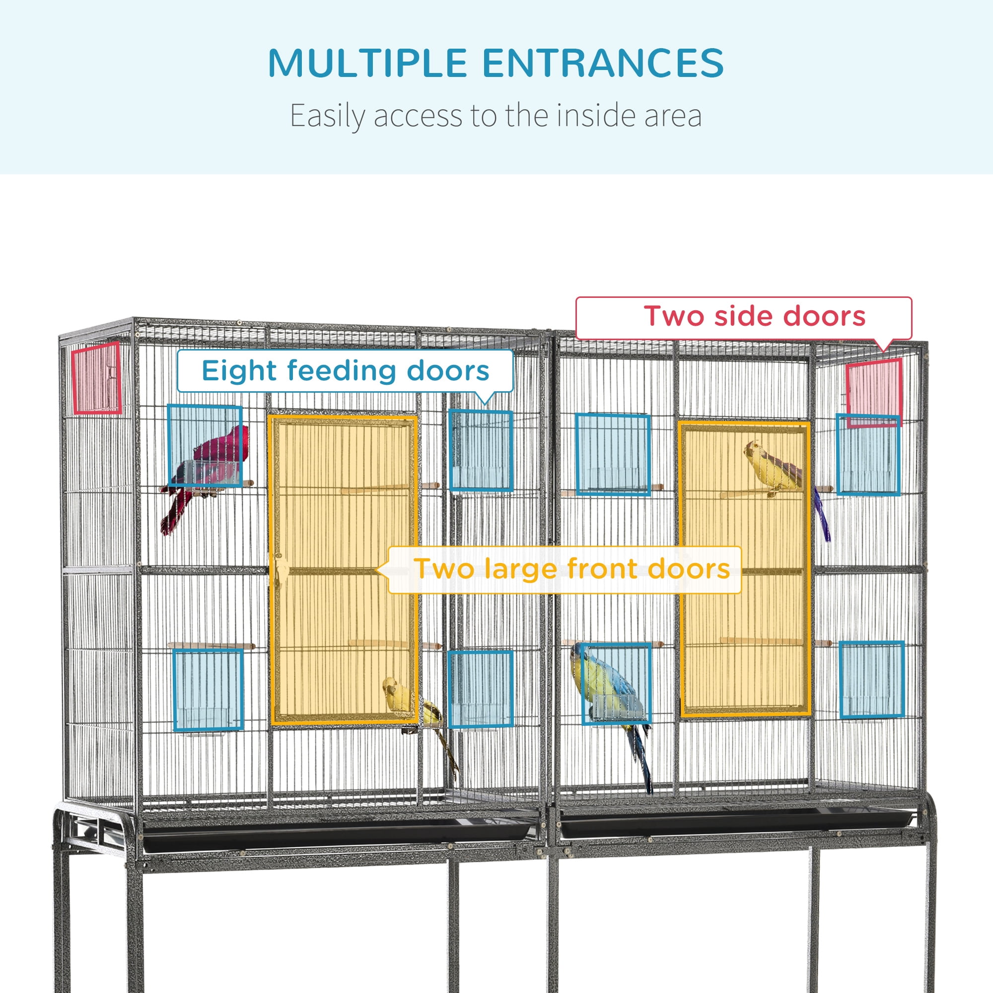 65" Double Rolling Metal Bird Cage Feeder with Detachable Rolling Stand, Storage Shelf, Wood Perch & Food Container