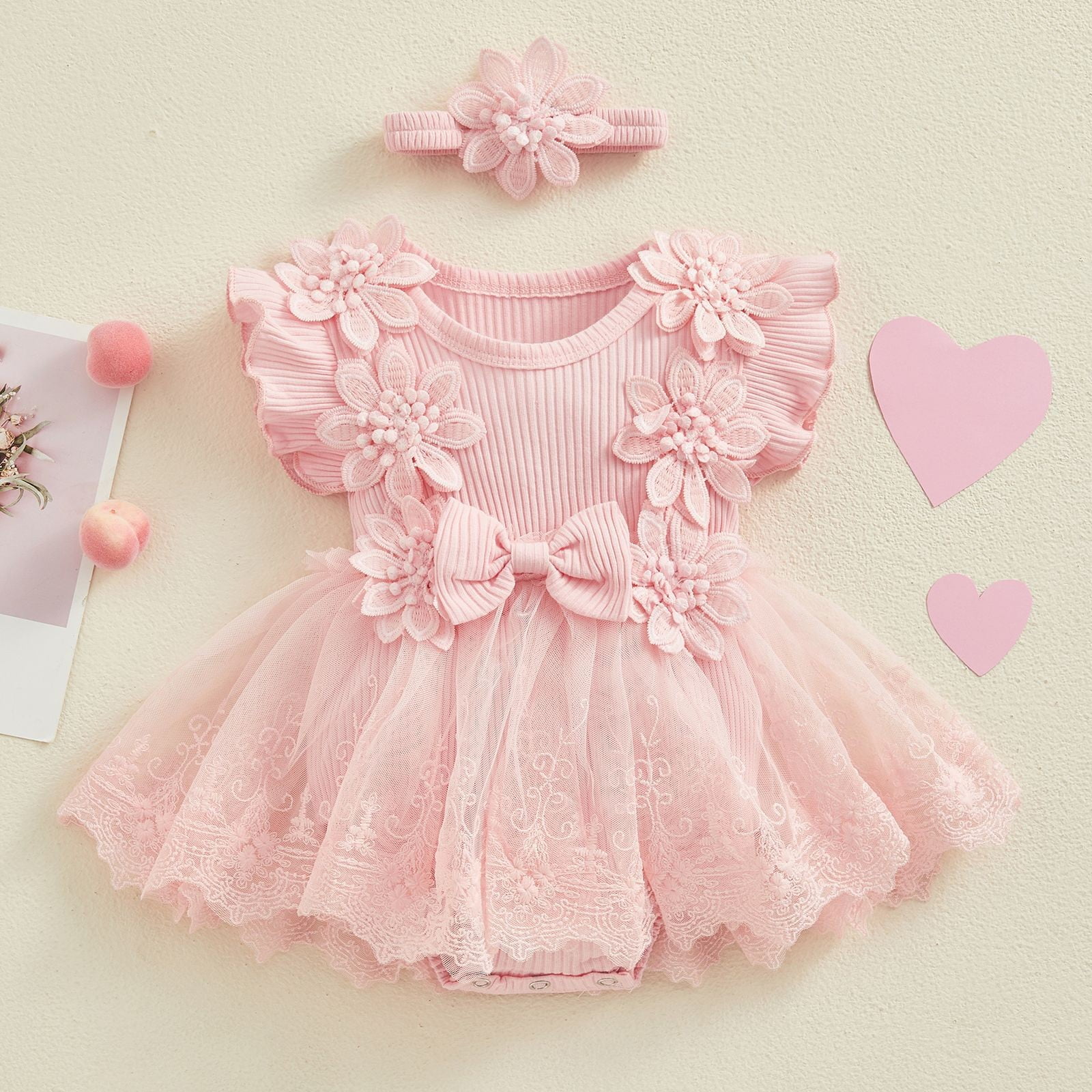 felwors Baby Girl Romper Dress Baby Dress Romper Flowers Lace Girl Spring Summer Clothes with Headband (12-18 Months, Red)