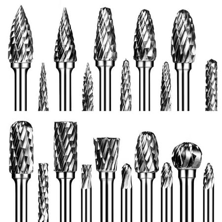 

MOUIND Carbide Burr Set Die Grinder Bits 20 Pcs 1/8 Shank Double Cut Tungsten Carbide Rotary Burrs Set Compatible with Dremel for Metal Carving Wood Working Engraving Polishing