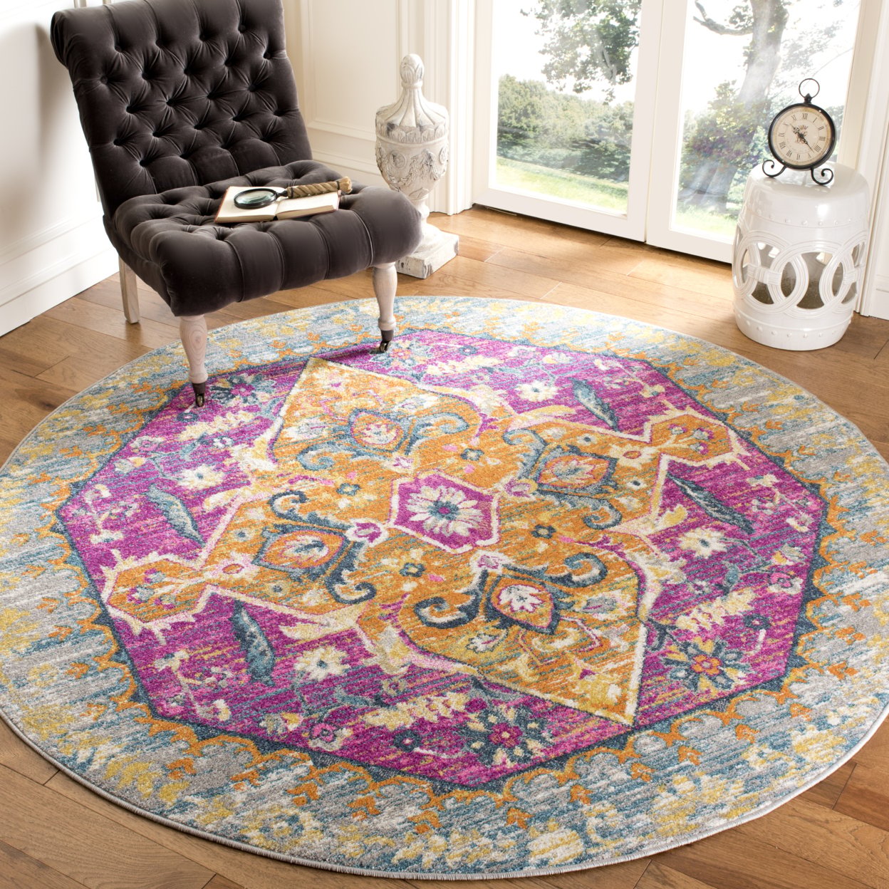 SAFAVIEH Madison Karissa Floral Runner Rug, Light Grey/Fuchsia, 2'3" x 12'