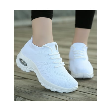 

Lacyhop Ladies Sock Sneaker Air Cushion Sneakers Non-Slip Casual Walking Shoes Sports Breathable Comfort Shoe Lightweight Lace Up Trainers White 4.5
