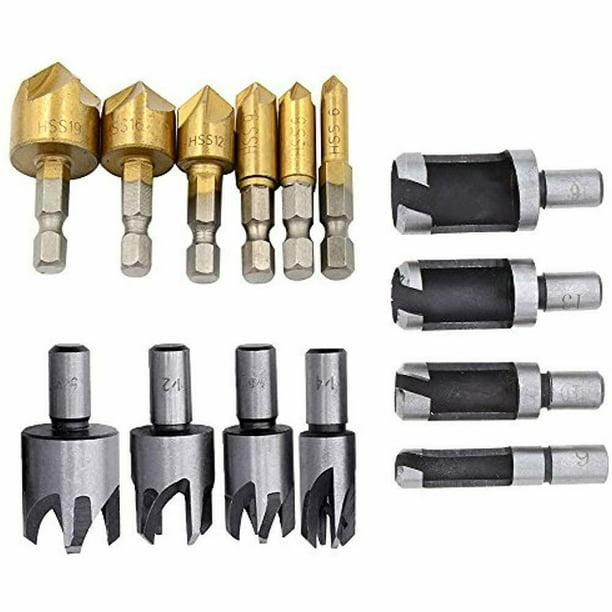 8 Countersink Drill Bits Pcs 5/8" 1/2" 3/8" 1/4" Wood Plug Cutter Tool Set + Hex