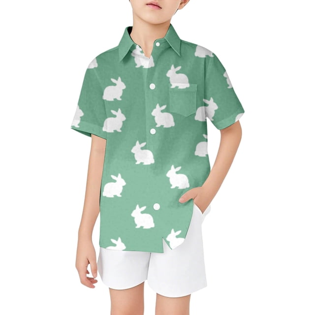 MIASHUI Chemise à Manches Courtes pour Garçons avec Col Montant et Poche Poitrine pour Vacances et Tenue Décontractée Vert, 7-8 Ans