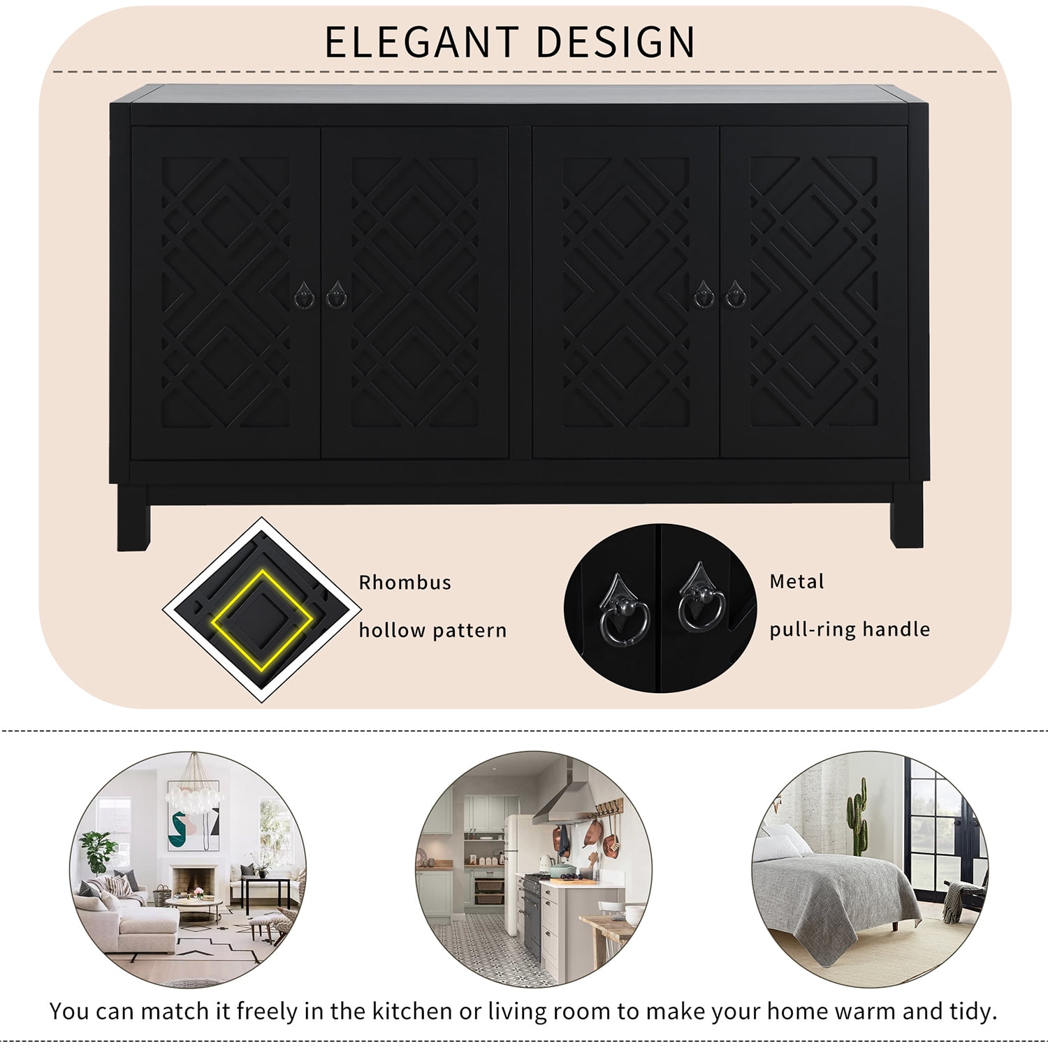Kadyn Storage Sideboard Buffet Cabinet, 4 Door Sideboard with Pull Ring Handles, Kitchen Storage Cabinet for Living Room, Black Kadyn Storage Sideboard Buffet Cabinet, 4 Door Sideboard with Pull Ring Handles, Kitchen Storage Cabinet for Living Room, Black