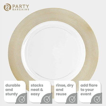 

Bargains 13 In Charger Plates [8 Pack] Clear with Black Border Disposable Heavy Duty Plastic Dinner Chargers. Durable Heavy Weight Charger Service Plates. Tableware For Weddings For