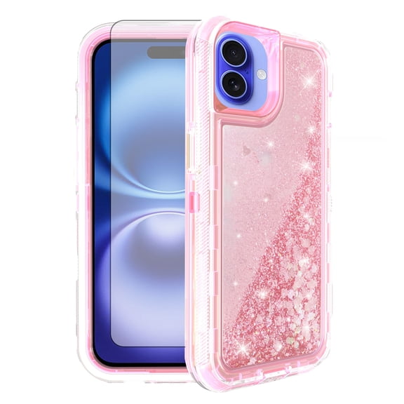 Asuwish Phone Case For iPhone 17 6.3 inch Tempered Glass Screen Protector Bling Liquid Clear Hybrid Shockproof Military Grade Protective Heavy Duty Cell Cover iPhone 17 i 17 17 Case Women Girls Pink