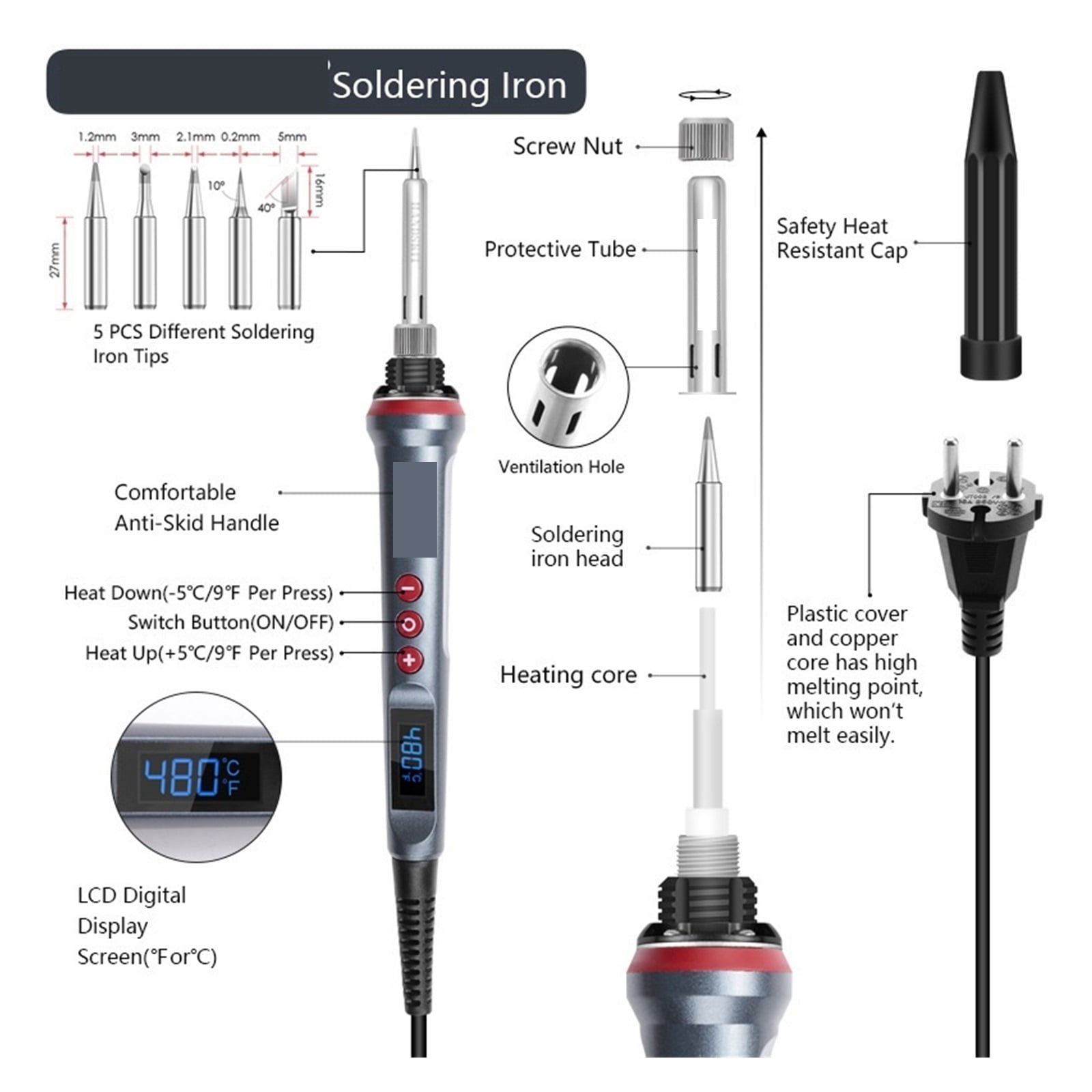 90W Soldering Iron Kit,Adjustable Temperature Electric Solder IronRework Station,Mini Handle Heat Pencil Welding Tools