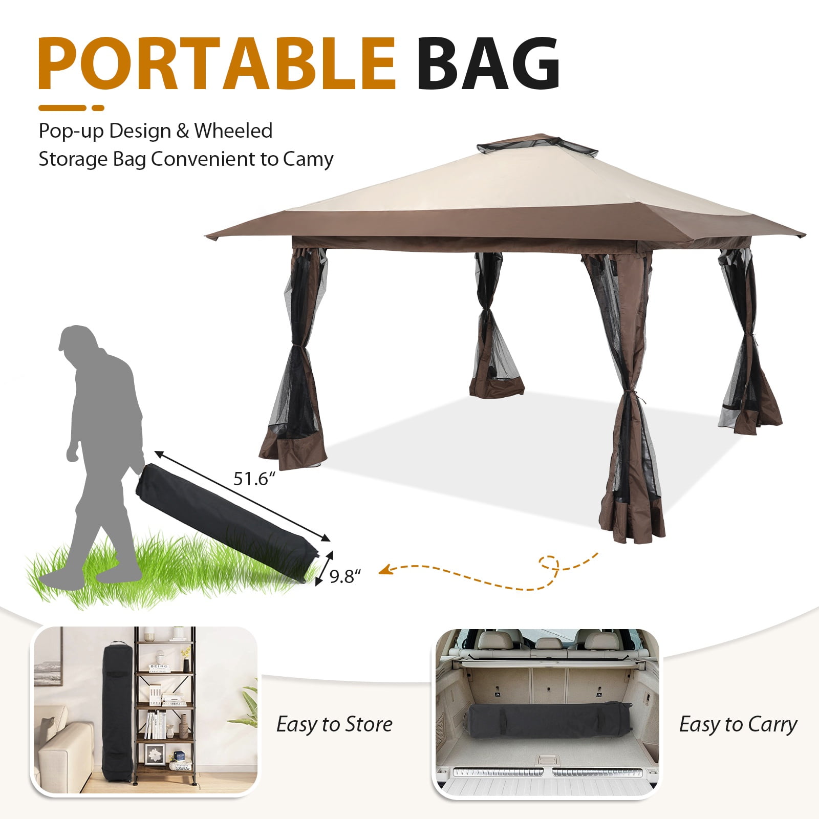 JOIVI 13'x13’Patio Gazebo, Outdoor Pop up Gazebo, Canopy Gazebo Tent Shelter with Mosquito Netting, Beige & Brown