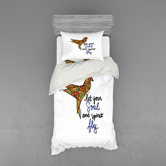 Ambesonne Saying Bedding Set 3 Pcs, Let Your Soul and Fly, Twin, Charcoal Grey and White