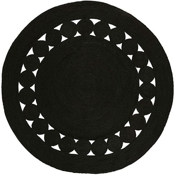 Ripaz Vogue Jute Rug Round Hand Woven Black Circle Design Area Rug (2x2 Ft)
