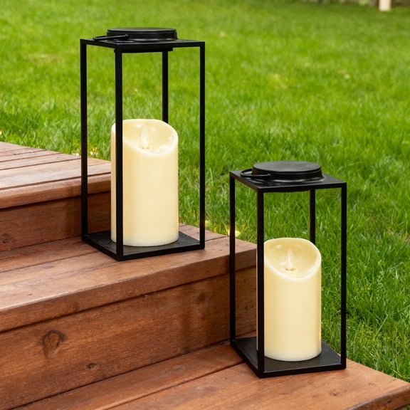 Large Solar Outdoor Lanterns, 25" 16" Tall Farmhouse Black Metal Waterproof Decorative Lanterns with Solar Candles for Front Porch, Patio, Christmas, Fall Decor- Set of 2