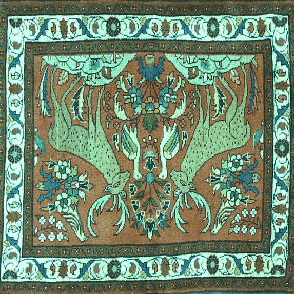 Ahgly Company Machine Washable Indoor Square Animal Turquoise Blue Traditional Area Rugs, 4' Square