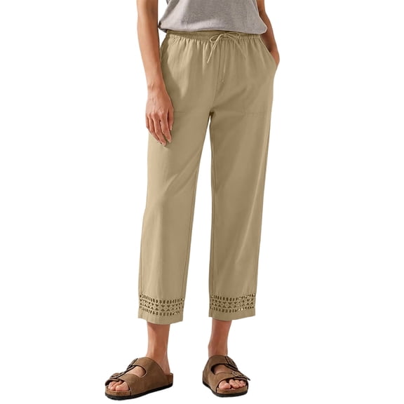 TEAJOPSUU Women's Capris Pants with Pockets Lace Cuffs Wide Leg Drawstring Elastic Cropped Pants Casual Daily Commuting Vacation Pants Khaki