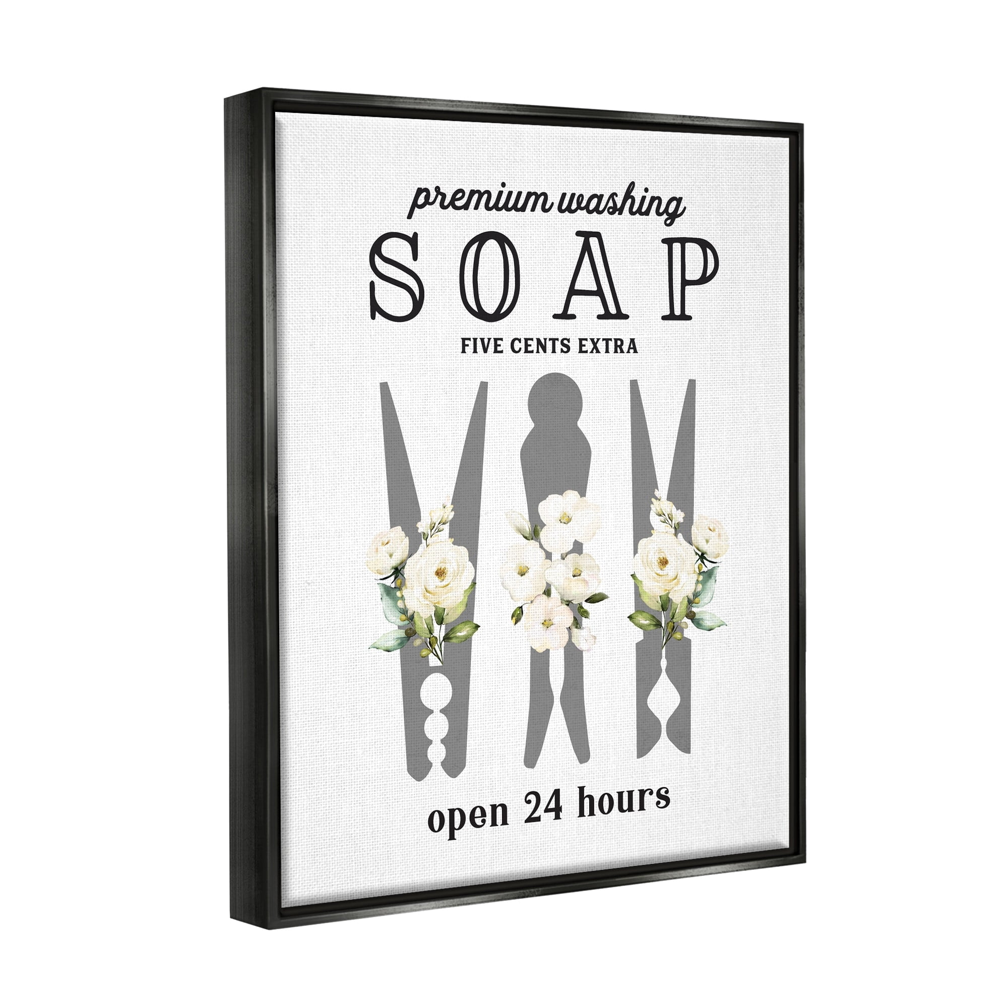 Stupell Industries Floral Clothespin Silhouette Vintage Script Soap Signage Graphic Art Jet Black Floating Framed Canvas Print Wall Art, Design by Lettered and Lined