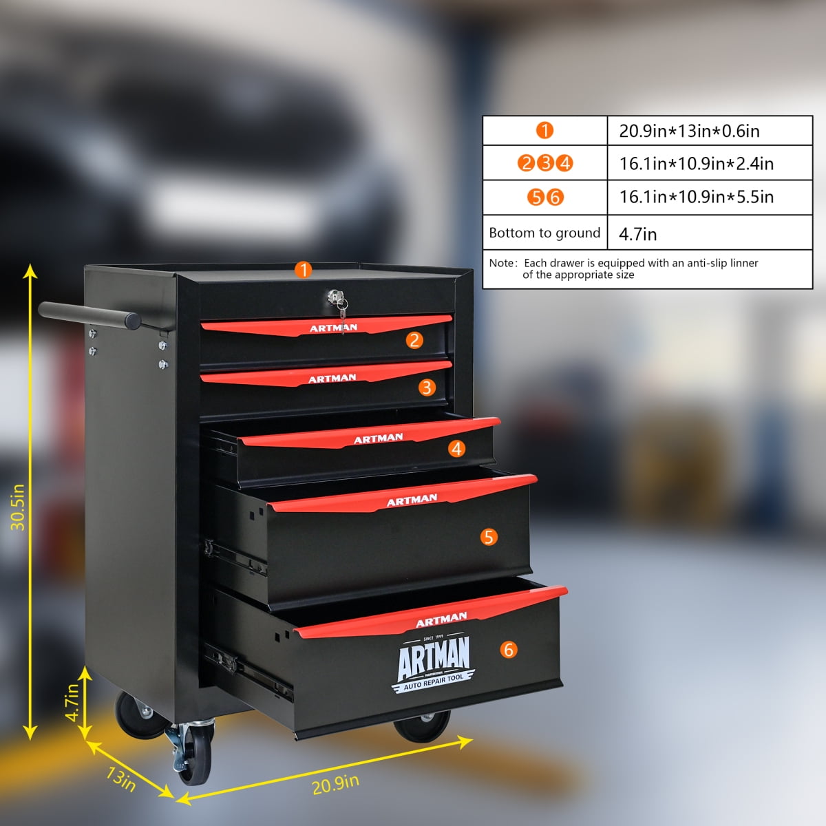 LuckyNote 20-Inch Rolling Tool Chest, 6-Drawer Steel Tool Cabinet with Ball Bearing Drawers, Lock & Wheels for Workshop Organization, Black and Red