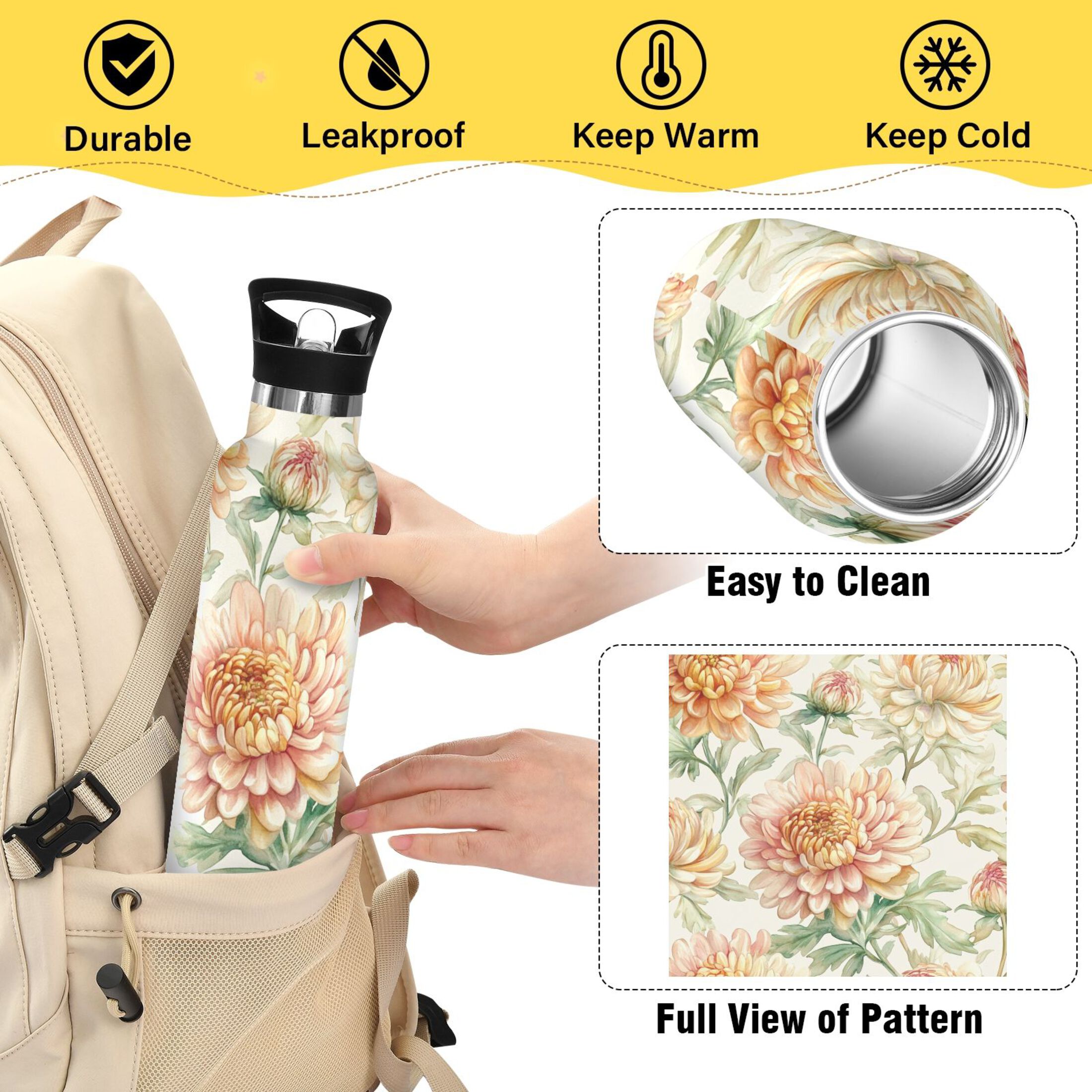 600ML Stainless Steel Insulated Cup Sports Water Bottle Portable Thermos Cup Water Glasses Insulated Tumblers Convenient and Durable Chrysanthemums Beige