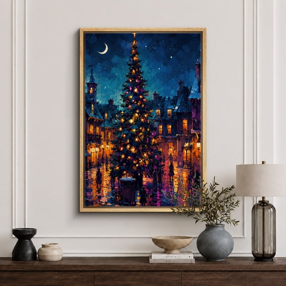 Framed Canvas Print Christmas Tree Night City Wall Art Holiday Decorative for Living Room Bedroom - 16"x24" NATURAL Frame
