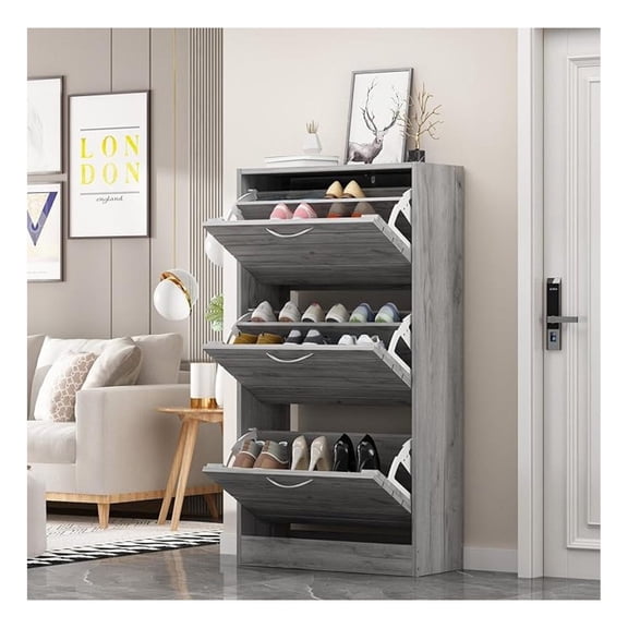 BNHHYYDS Wood Shoe Cabinet with 3 Drawers - Entryway Shoe Storage - Narrow Shoe Rack Organizer - Freestanding 3-Tier Cabinet for Hallway & Living Room (Grey)