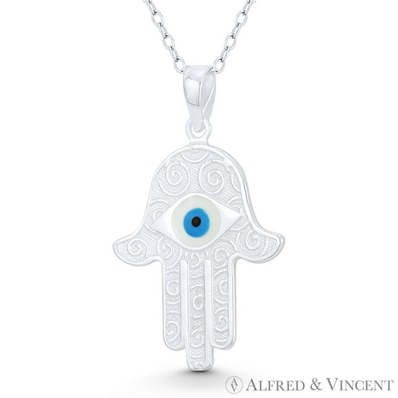 Hamsa Hand Spiral Detail & Evil Eye Enamel Charm Pendant & Chain Necklace in .925 Sterling Silver