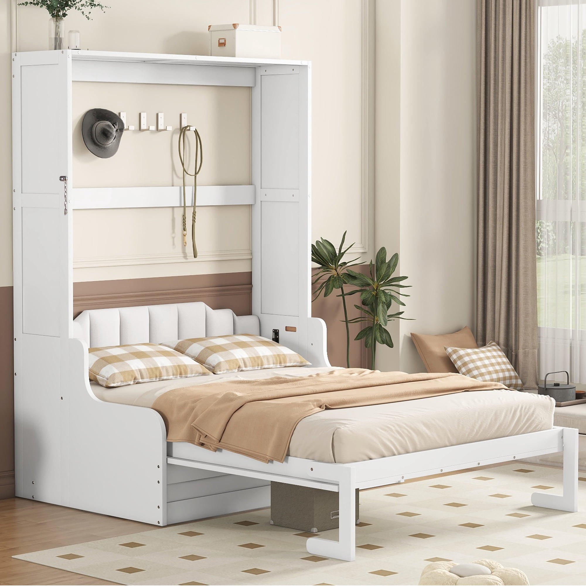 Mintazer Queen Size Murphy Bed with Sofa, Modern Foldable Wall Bed with Cushions for Bedroom Apartment Guest Room, White