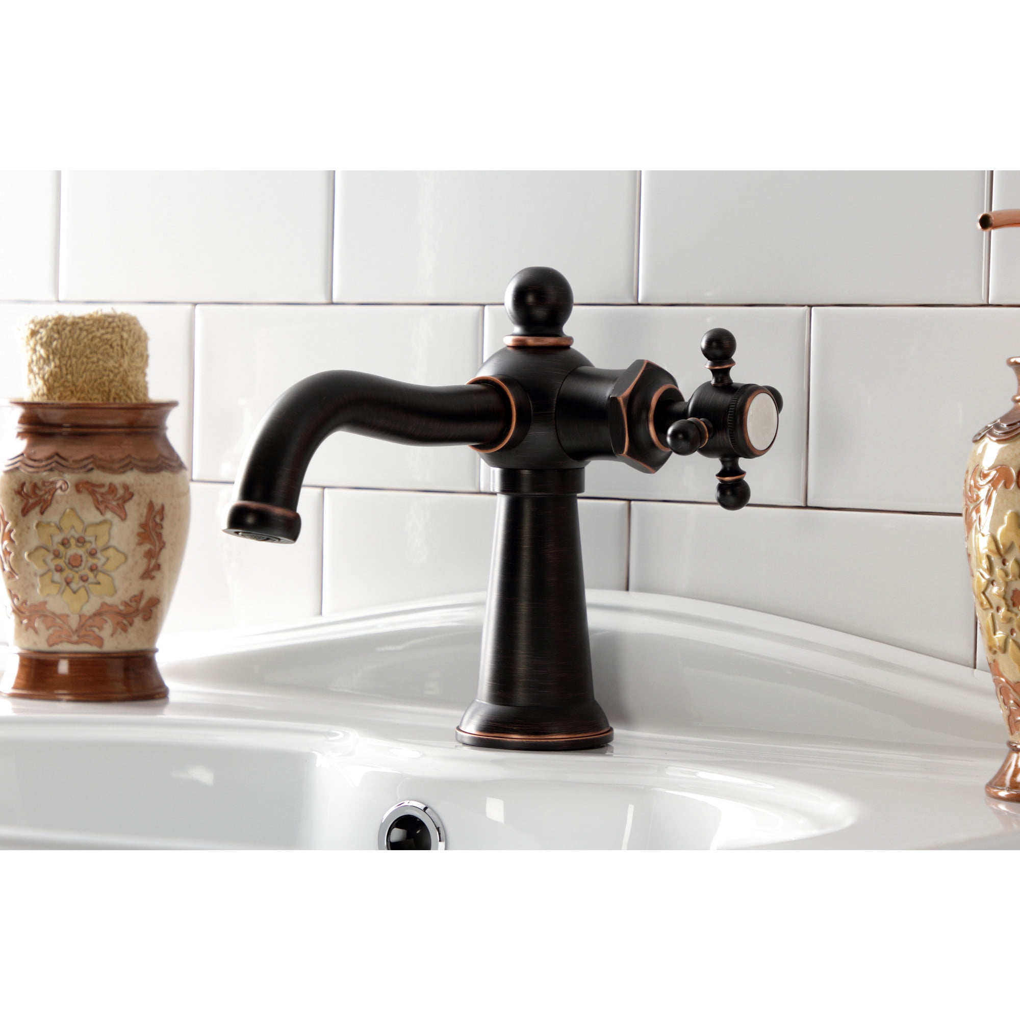 Kingston Brass KSD154BXNB Nautical One-Handle Single-Hole Bathroom Faucet with Deck Plate and Push Pop-Up Drain, Naples Bronze