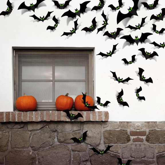 Glow Eye 3D Bats 56-PCS for Indoor Outdoor Halloween Wall Decor
