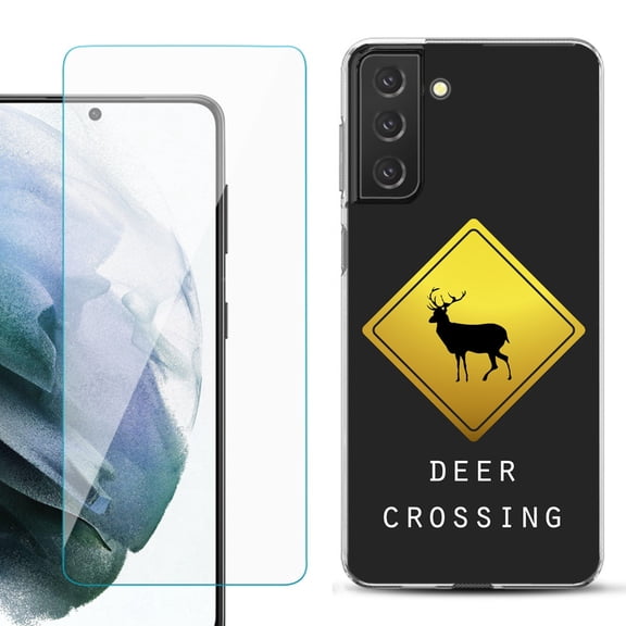 Slim-Fit TPU Fashion Phone Case for Samsung Galaxy S21 FE 5G Fan Edition, with Tempered Glass Screen Protector, by OneToughShield ® - Road Sign Deer