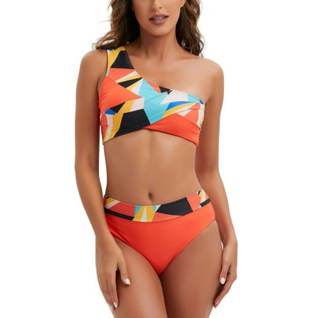 

COBKK Strapless Swimsuits For Women Bikinis Tops Fashion Women Split Swimsuit Show Waistflat Printing One Shoulder Sexy Bikini Womens Dress Swimsuits Dressy Casual Comfy Swimsuits Orange L
