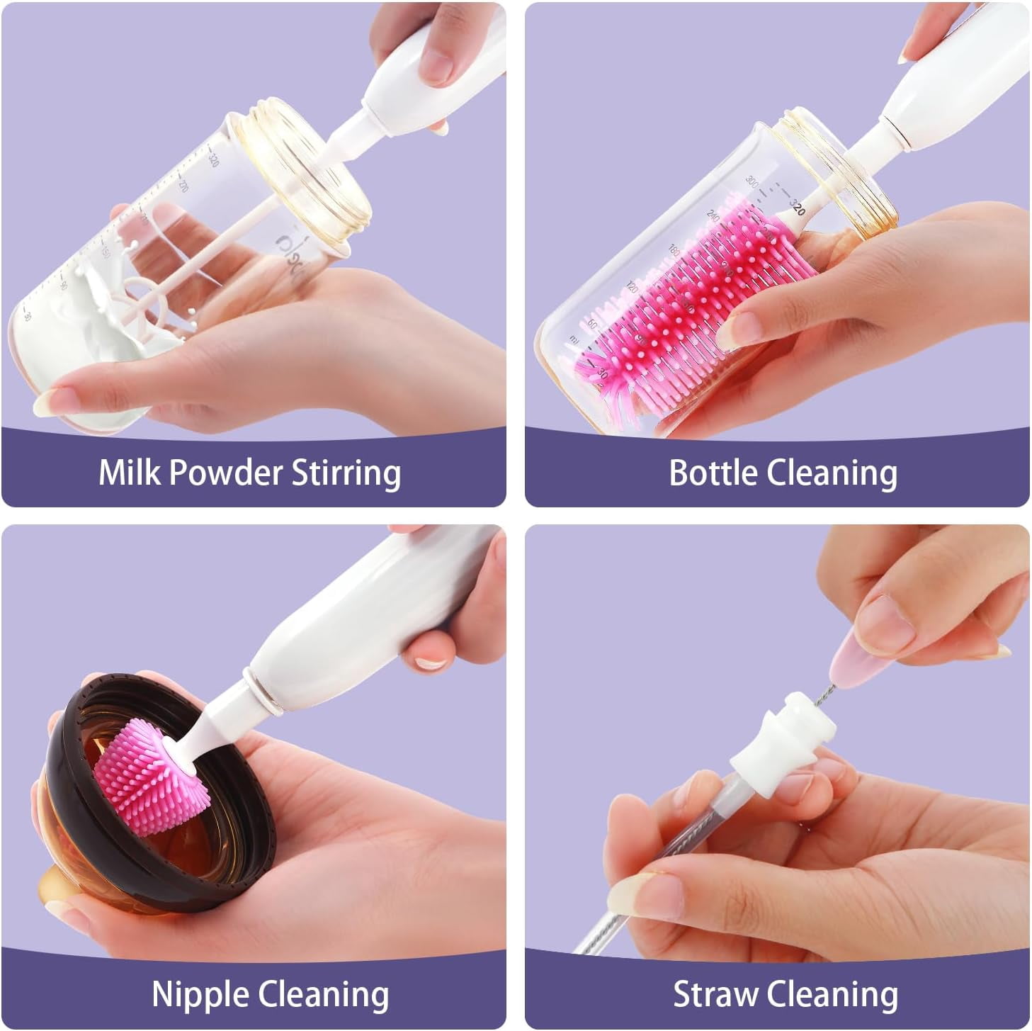 DEA Electric Bottle Brush Cleaner, Portable Baby Bottle Washer, Travel Bottle Cleaner Brush Set with Silicone Bottle & Nipple & Straw Brush(Purple)