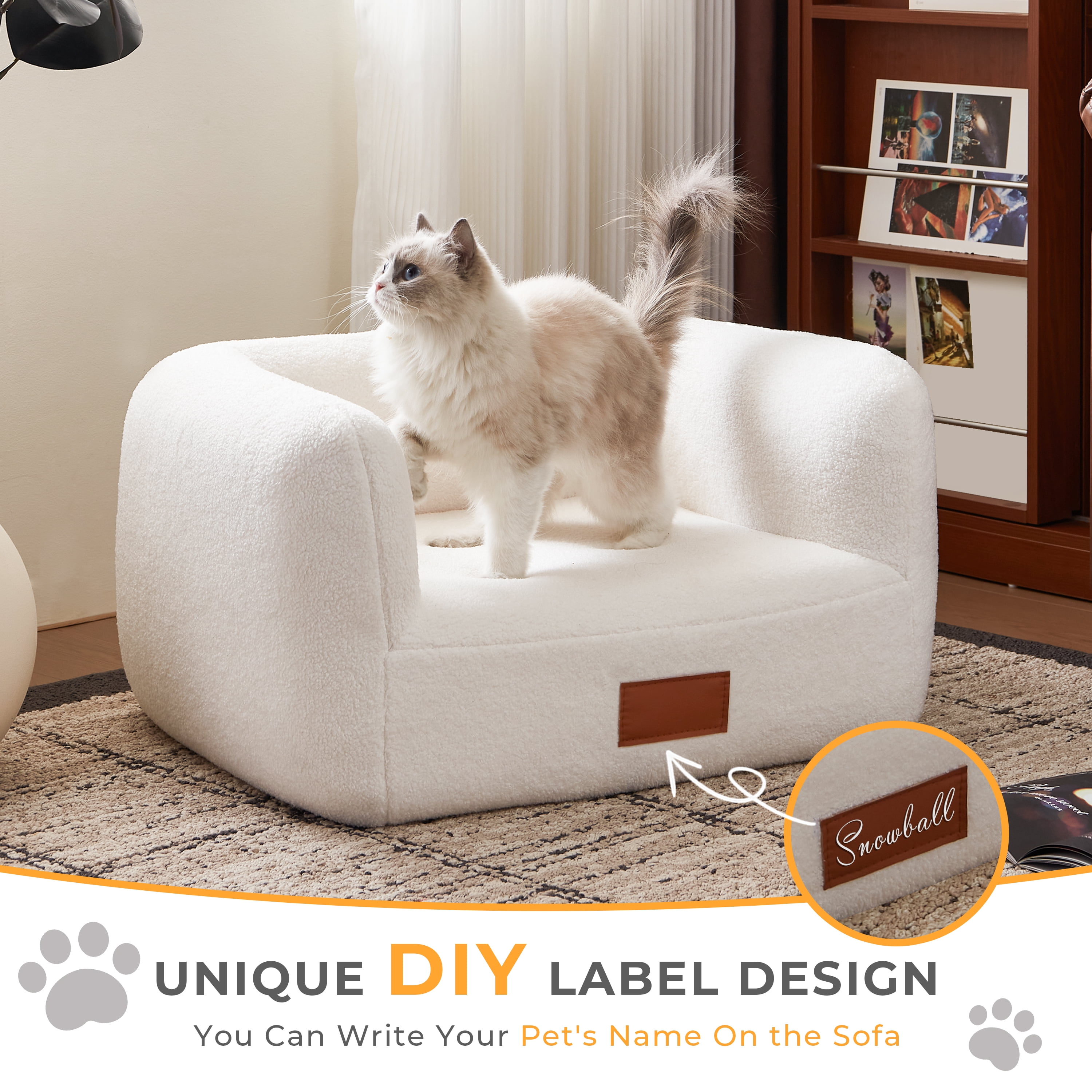 25.6''W White Modern Elegant Faux Shearling Dog Bed Cat Bed for Medium Pets under 35lbs, Luxury Indoor Pet Bed Furniture Style Orthopedic Elevated Dog Sofa Pet Couch with Leather Nameplate