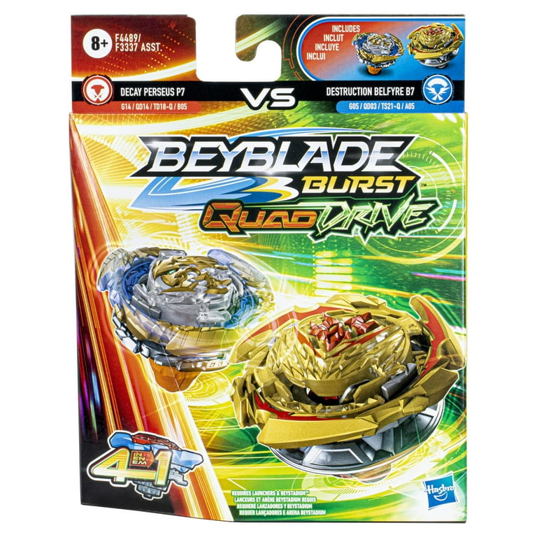  BEYBLADE Burst QuadDrive Destruction Belfyre B7 y Decay Perseus  P7 Spinning Top Paquete doble – 2 juegos de batalla para niños a partir de  8 años : Juguetes y Juegos