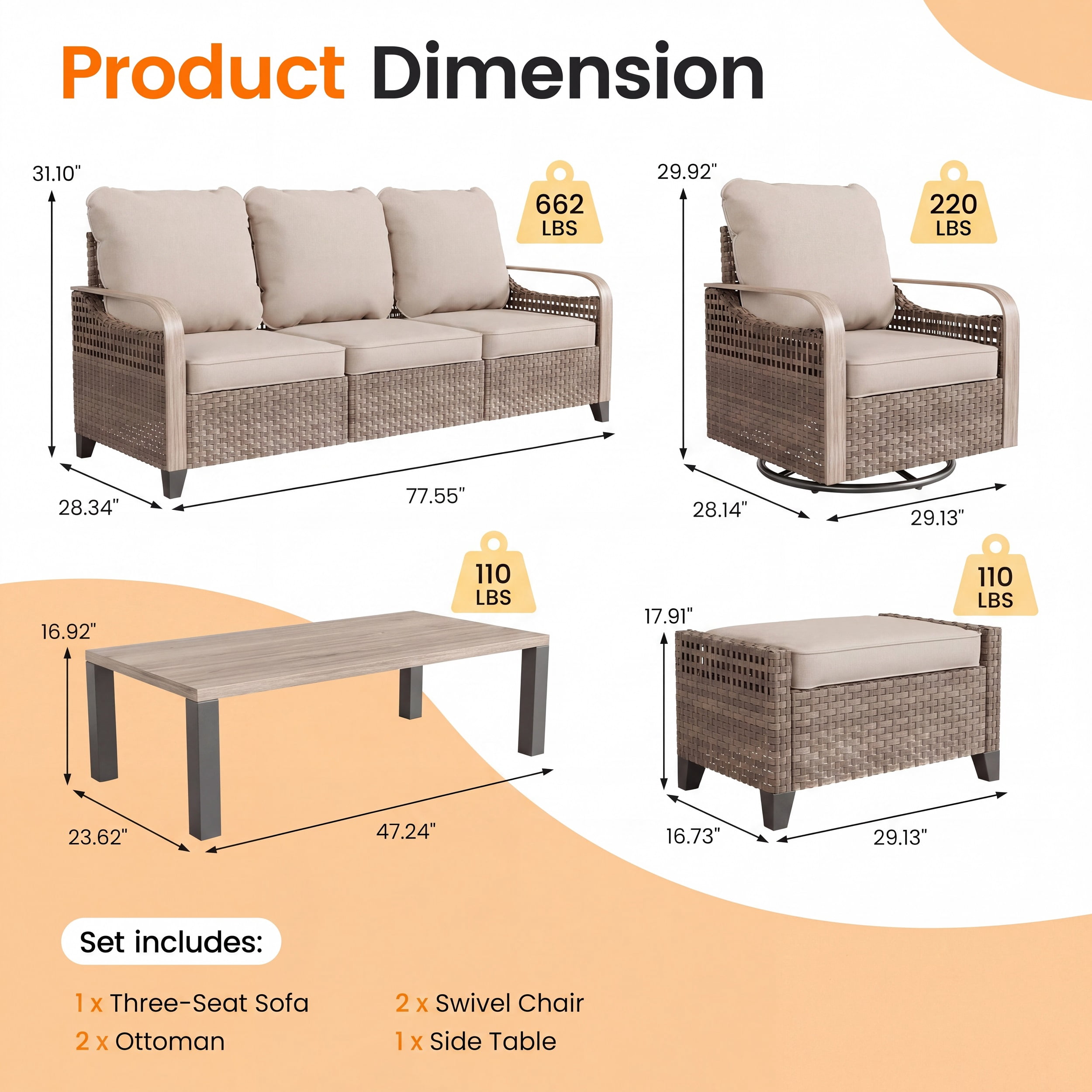 Poteban Outdoor Patio All Weather Wicker Furniture Sets,with Coffee Table, Sofa, Swivel Rocking Chair and Ottoman,for Pool, Backyard, Garden, 8 Pieces