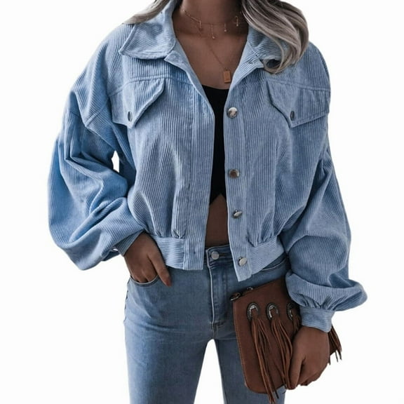 Cropped Corduroy Jacket Women Fall Winter Casual Tops Long Sleeve Button Down Trendy Cute Coat Denim Blue L