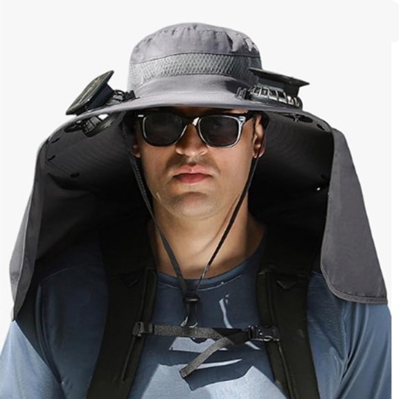Solar Powered Fan Cooling Dual Fans Wide Brim USB Rechargeable Water-Resistant Bucket Unisex Hat for Outdoor Work Camping Hiking, 2 Charging Mode Outdoor Summer Sun Hat