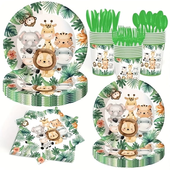 Wild One Jungle Party Supplies Set, 140 PCS Animal Birthday Tableware Kit with Plates, Cups, Napkins & Tablecloth, Adorable Animal Theme Party Gift for Kids & First Birthday Celebrations