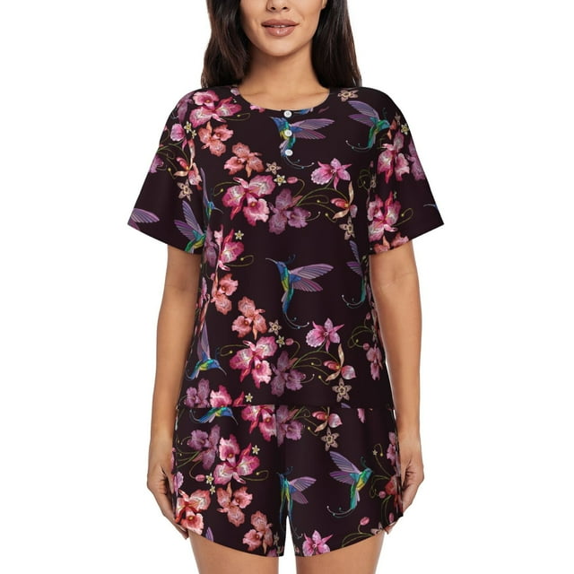 Xecao Humming Bird And Tropical Pattern Women's Short Sleeve Pajama Set Soft Sleepwear Lounge Set with Button Front Top and Drawstring Shorts with Pockets-XX-Large