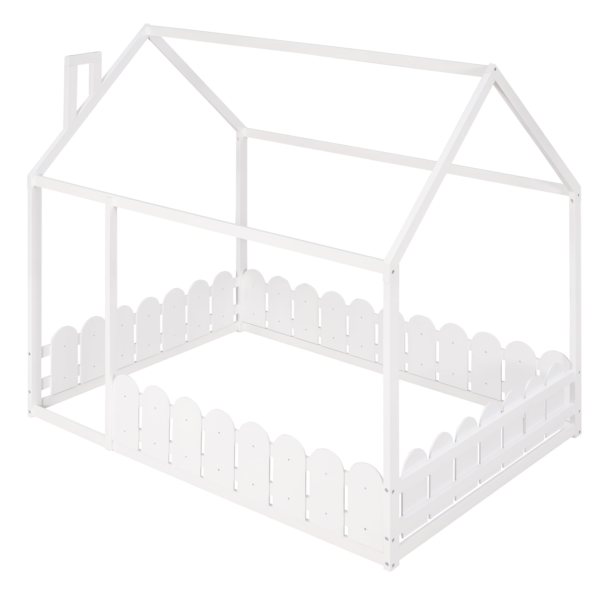 Aukfa House Bed for Kids Teen, Wood Bed Frame with Fence, Full Size Bed, White