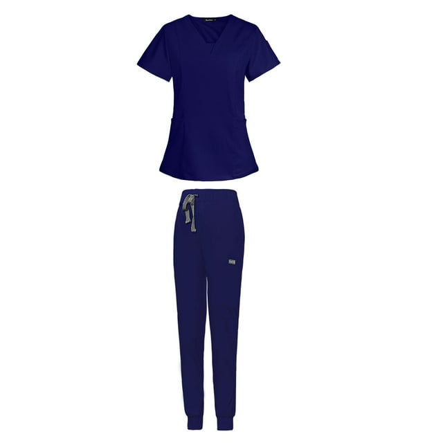 Uniforme de enfermería, uniforme de enfermera, manga corta, suave, con blusa y pantalones Azul marino