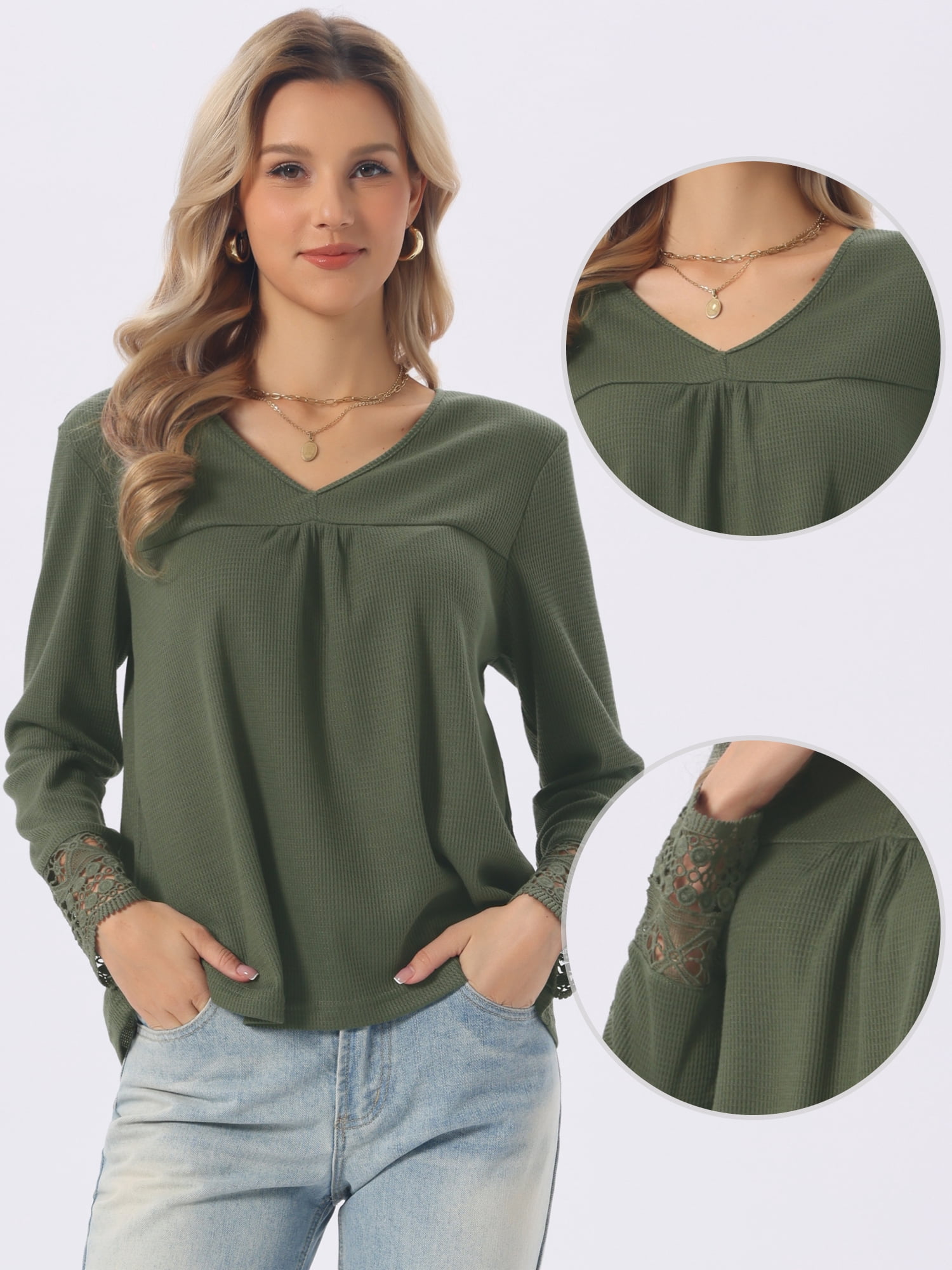 DARING DIVA Women's Long Sleeve V Neck Casual Tops Lace Blouses S Army Green