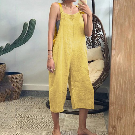 Solid Color Women Loose Cotton Linen Jumpsuit Sleeveless Harem Overalls Jumpsuits Loose Vintage Pants Femme Clothes