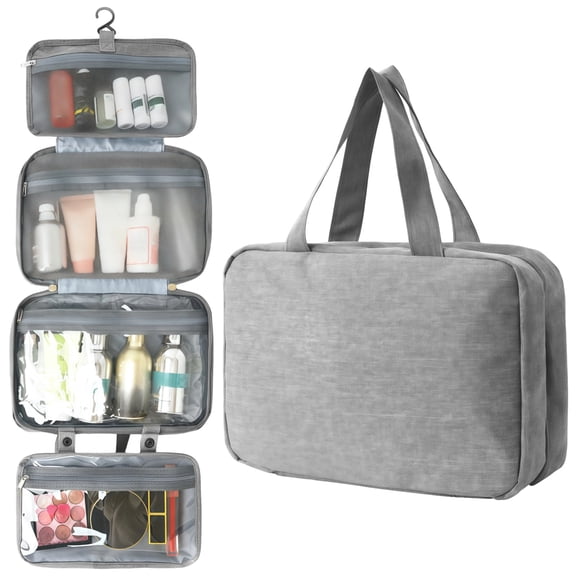 Gray Hanging Toiletry Bag for Women, Portable Travel Organizer with Four Layer Wet Dry Compartments, Large Capacity Foldable Wash Kit for Cosmetics and Shower Essentials