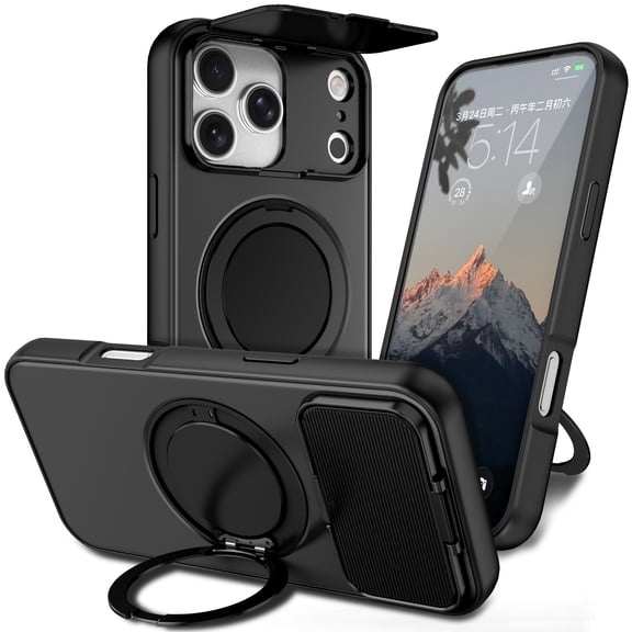 Mynvo for iPhone 17 Pro Max Case with Kickstand & Camera Lens Protector Cover, Slim Fit Magnetic Case Compatible with Magsafe Rugged Shockproof for Women Men, Black