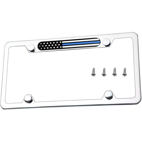 Stainless Steel Polished Mirror License Plate Frame American (Thin Blue Line Flag)
