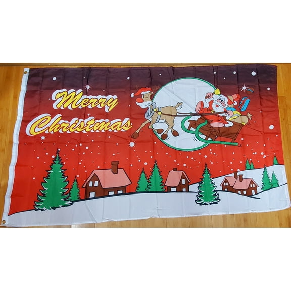 Merry Christmas Santa Sleigh Ride Red 3'x5' Flag Rough Tex ® 100D