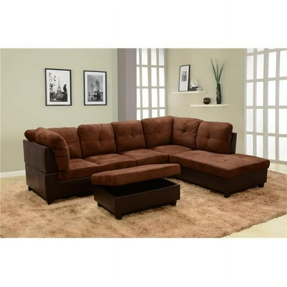 Lifestyle LS107B Right Facing Sectional Sofa Set - Microfiber & Faux Leather, Chocolate - 3 Piece